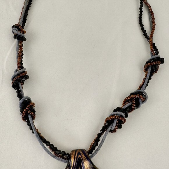 Handcrafted Glass Pendant Necklace Beaded Braided Cord Design Adjustable 21" - Picture 6 of 10